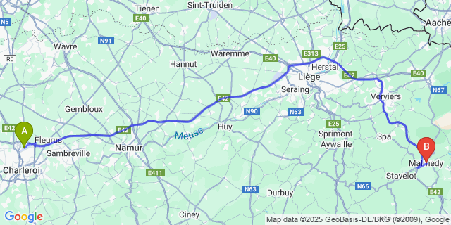 Map: Charleroi Airport Brussels South (CRL) to Malmédy