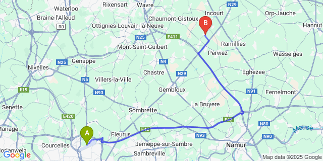 Map: Charleroi Airport Brussels South (CRL) to Malèves-Sainte-Marie-Wastines