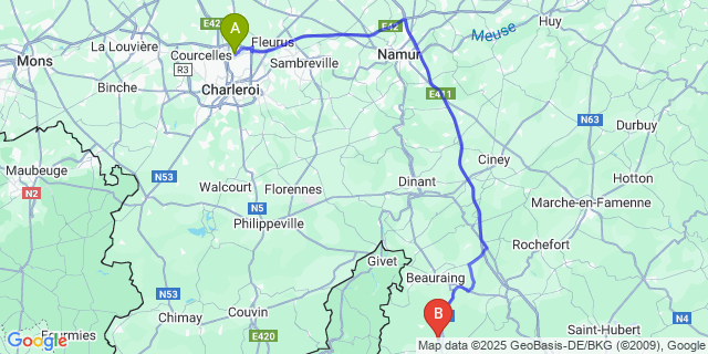 Map: Charleroi Airport Brussels South (CRL) to Malvoisin