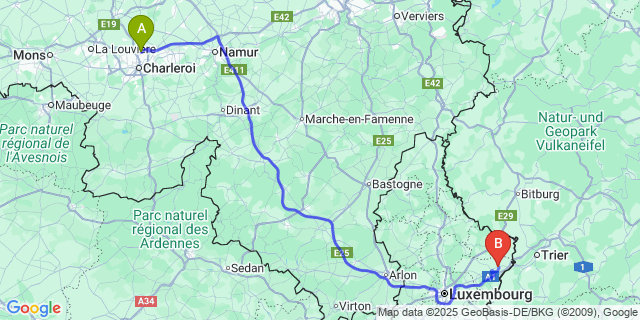 Map: Charleroi Airport Brussels South (CRL) to Manternach