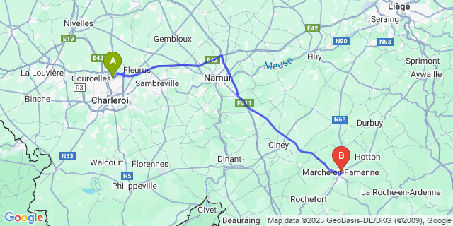 Map: Charleroi Airport Brussels South (CRL) to Marche-en-famenne