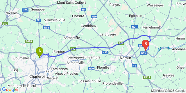 Map: Charleroi Airport Brussels South (CRL) to Marche-Les-Dames