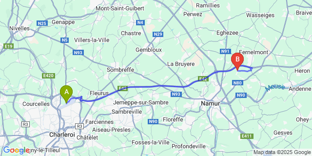 Map: Charleroi Airport Brussels South (CRL) to Marchovelette (Fernelmont)