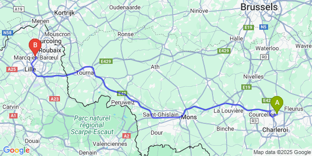 Map: Charleroi Airport Brussels South (CRL) to Marcq-en-Barœul