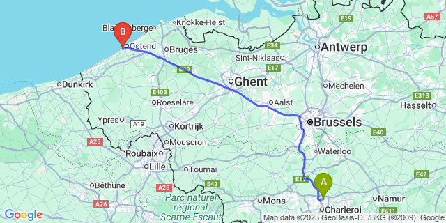 Map: Charleroi Airport Brussels South (CRL) to Mariakerke (West-Vlaanderen)