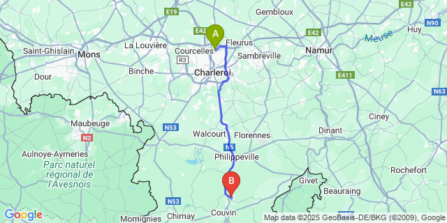 Map: Charleroi Airport Brussels South (CRL) to Marienbourg
