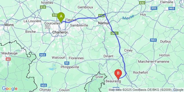 Map: Charleroi Airport Brussels South (CRL) to Martouzin-Neuville