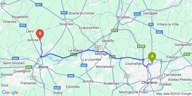 Map: Charleroi Airport Brussels South (CRL) to Masnuy-Saint-Jean (Jurbise)