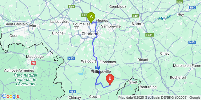 Map: Charleroi Airport Brussels South (CRL) to Matagne-La-Grande