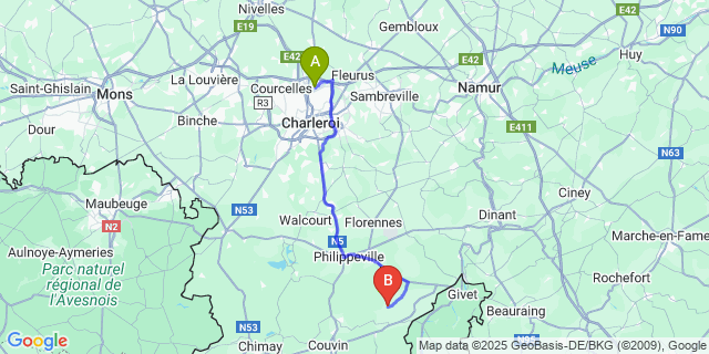 Map: Charleroi Airport Brussels South (CRL) to Matagne-La-Petite
