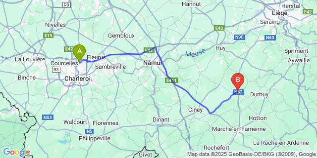 Map: Charleroi Airport Brussels South (CRL) to Méan