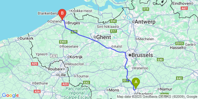 Map: Charleroi Airport Brussels South (CRL) to Meetkerke
