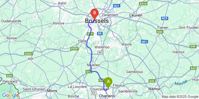 Map: Charleroi Airport Brussels South (CRL) to MEININGER Hotel Bruxelles City Center, Brussels