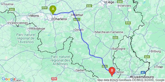 Map: Charleroi Airport Brussels South (CRL) to Meix-Le-Tige