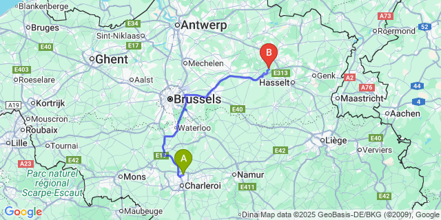 Map: Charleroi Airport Brussels South (CRL) to Meldert (-Bij-Diest)