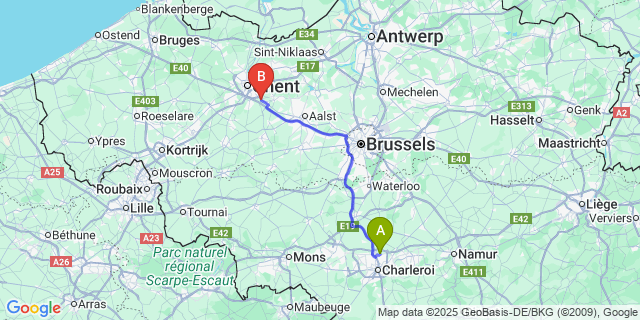 Map: Charleroi Airport Brussels South (CRL) to Melle