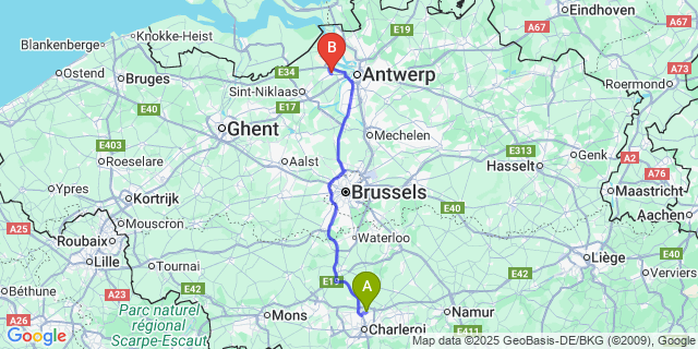 Map: Charleroi Airport Brussels South (CRL) to Melsele