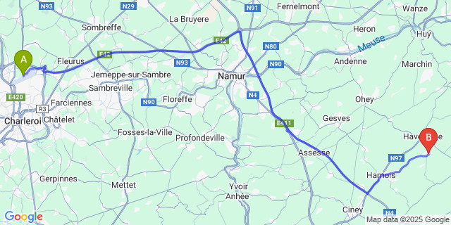 Map: Charleroi Airport Brussels South (CRL) to Miécret