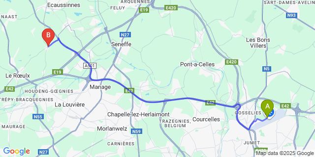 Map: Charleroi Airport Brussels South (CRL) to Mignault
