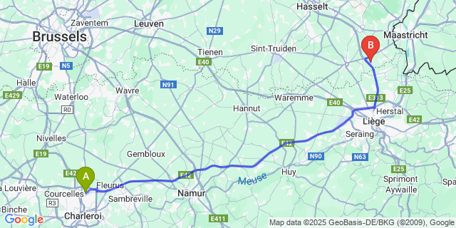 Map: Charleroi Airport Brussels South (CRL) to Millen