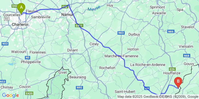 Map: Charleroi Airport Brussels South (CRL) to Moinet