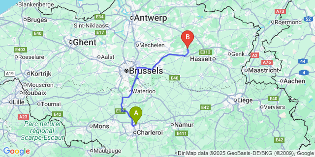 Map: Charleroi Airport Brussels South (CRL) to Molenstede
