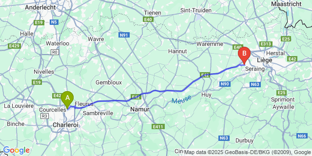 Map: Charleroi Airport Brussels South (CRL) to Mons (Li?ge)