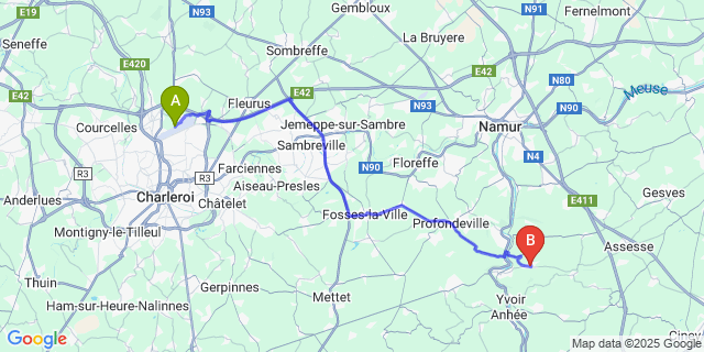 Map: Charleroi Airport Brussels South (CRL) to Mont (Namur)