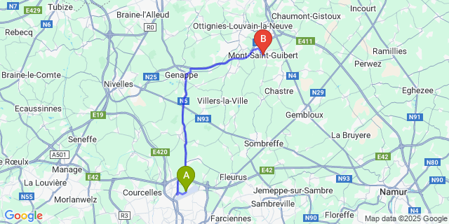 Map: Charleroi Airport Brussels South (CRL) to Mont-Saint-Guibert