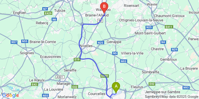 Map: Charleroi Airport Brussels South (CRL) to Mont-Saint-Jean