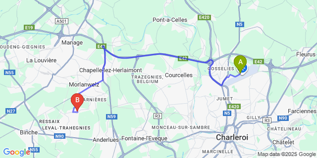 Map: Charleroi Airport Brussels South (CRL) to Mont-Sainte-Aldegonde
