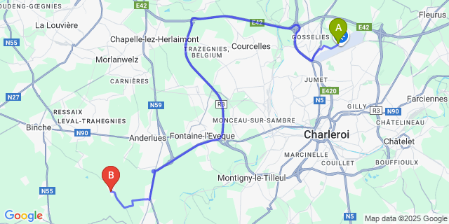 Map: Charleroi Airport Brussels South (CRL) to Mont-Sainte-Genevi?ve