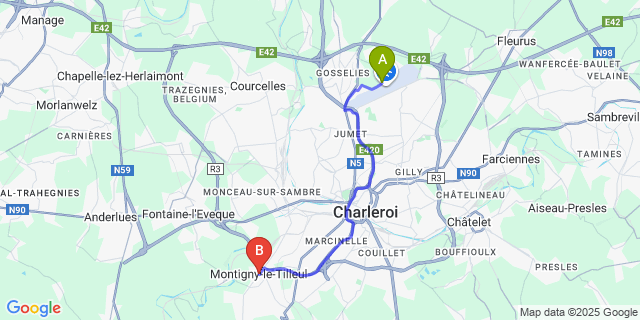 Map: Charleroi Airport Brussels South (CRL) to Montigny-Le-Tilleul