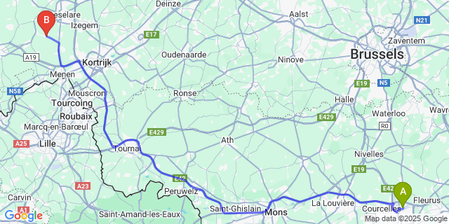 Map: Charleroi Airport Brussels South (CRL) to Moorslede