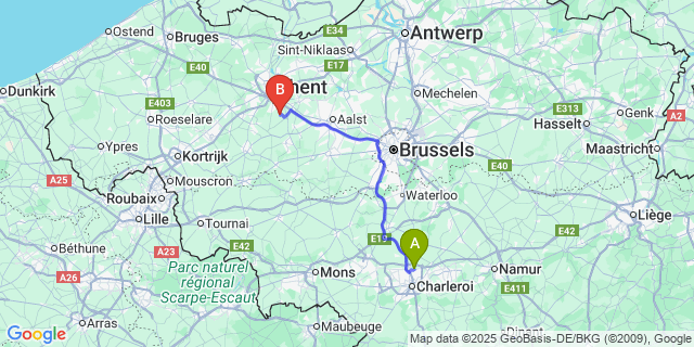 Map: Charleroi Airport Brussels South (CRL) to Moortsele