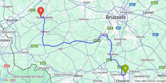 Map: Charleroi Airport Brussels South (CRL) to Moregem