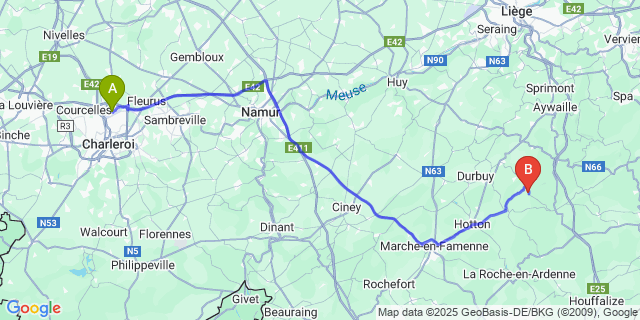 Map: Charleroi Airport Brussels South (CRL) to Mormont
