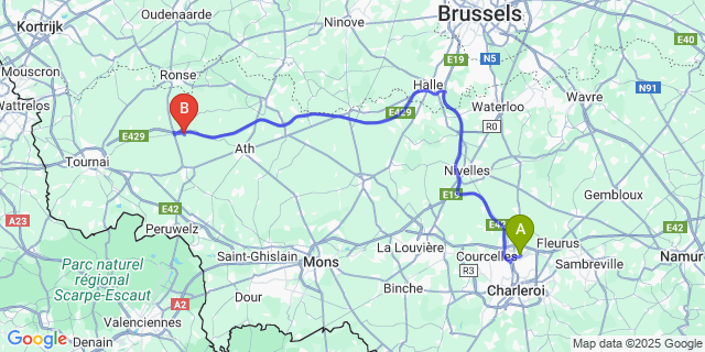 Map: Charleroi Airport Brussels South (CRL) to Moustier (-Lez-Frasnes)
