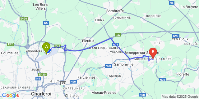 Map: Charleroi Airport Brussels South (CRL) to Moustier (-Sur-Sambre)