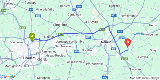 Map: Charleroi Airport Brussels South (CRL) to Mozet