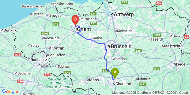 Map: Charleroi Airport Brussels South (CRL) to Muide