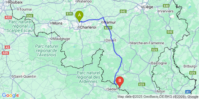 Map: Charleroi Airport Brussels South (CRL) to Muno