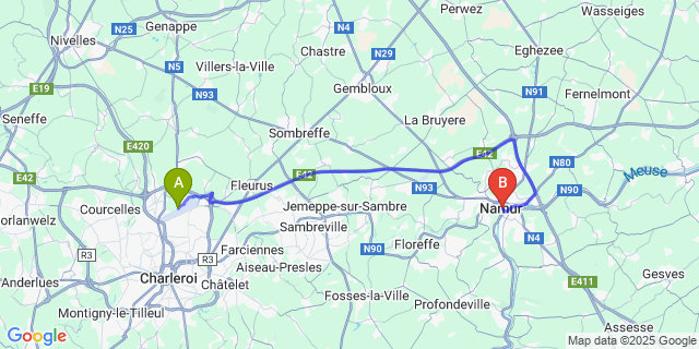 Map: Charleroi Airport Brussels South (CRL) to Namen