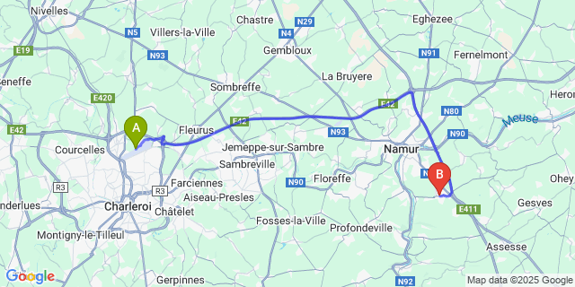 Map: Charleroi Airport Brussels South (CRL) to Nanninne