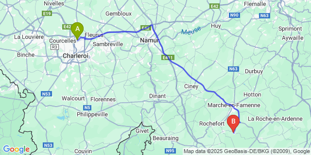 Map: Charleroi Airport Brussels South (CRL) to Nassogne