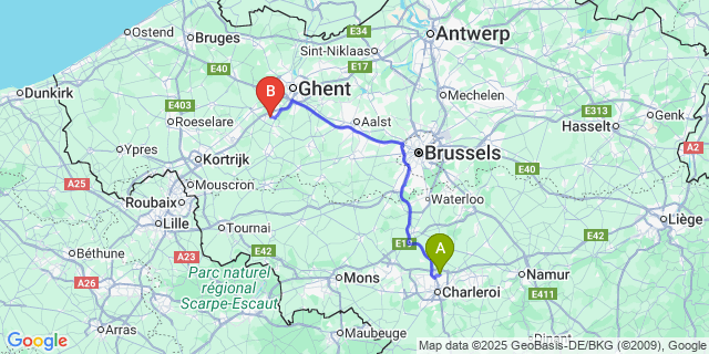 Map: Charleroi Airport Brussels South (CRL) to Nazareth