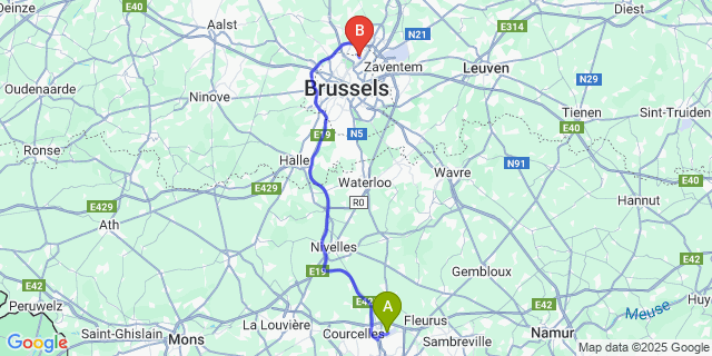 Map: Charleroi Airport Brussels South (CRL) to Neder-Over-Heembeek (Bru.)