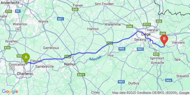 Map: Charleroi Airport Brussels South (CRL) to Nessonvaux