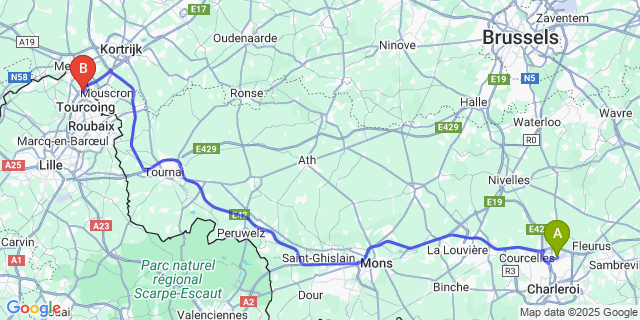 Map: Charleroi Airport Brussels South (CRL) to Neuville en Ferrain