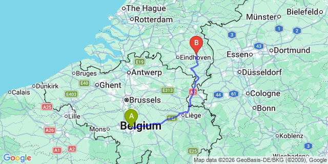 Map: Charleroi Airport Brussels South (CRL) to Nijmegen